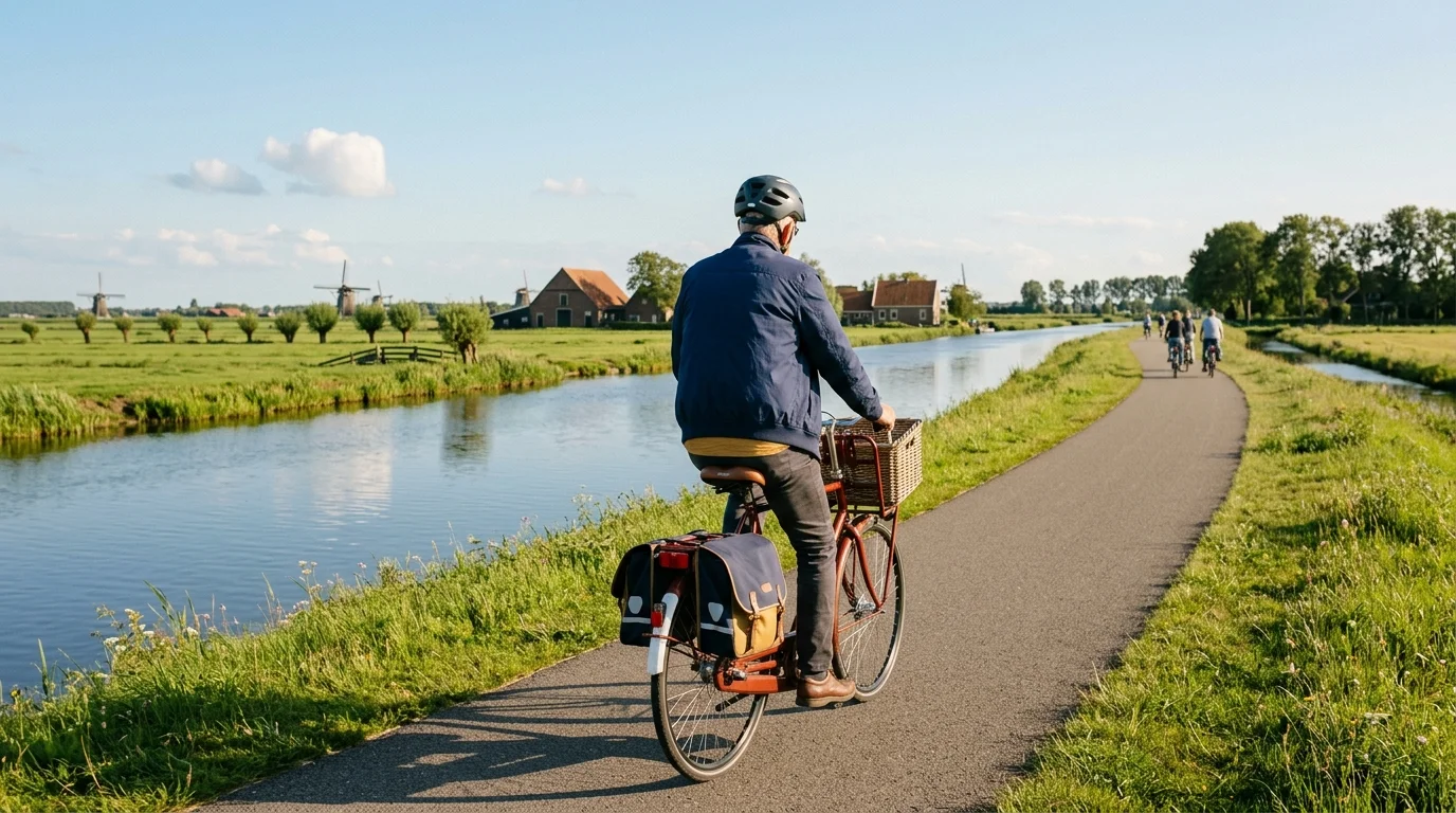 Anonieme man fietst op een zonnig fietspad - mannen 50 plus gezonde leefstijl supplement